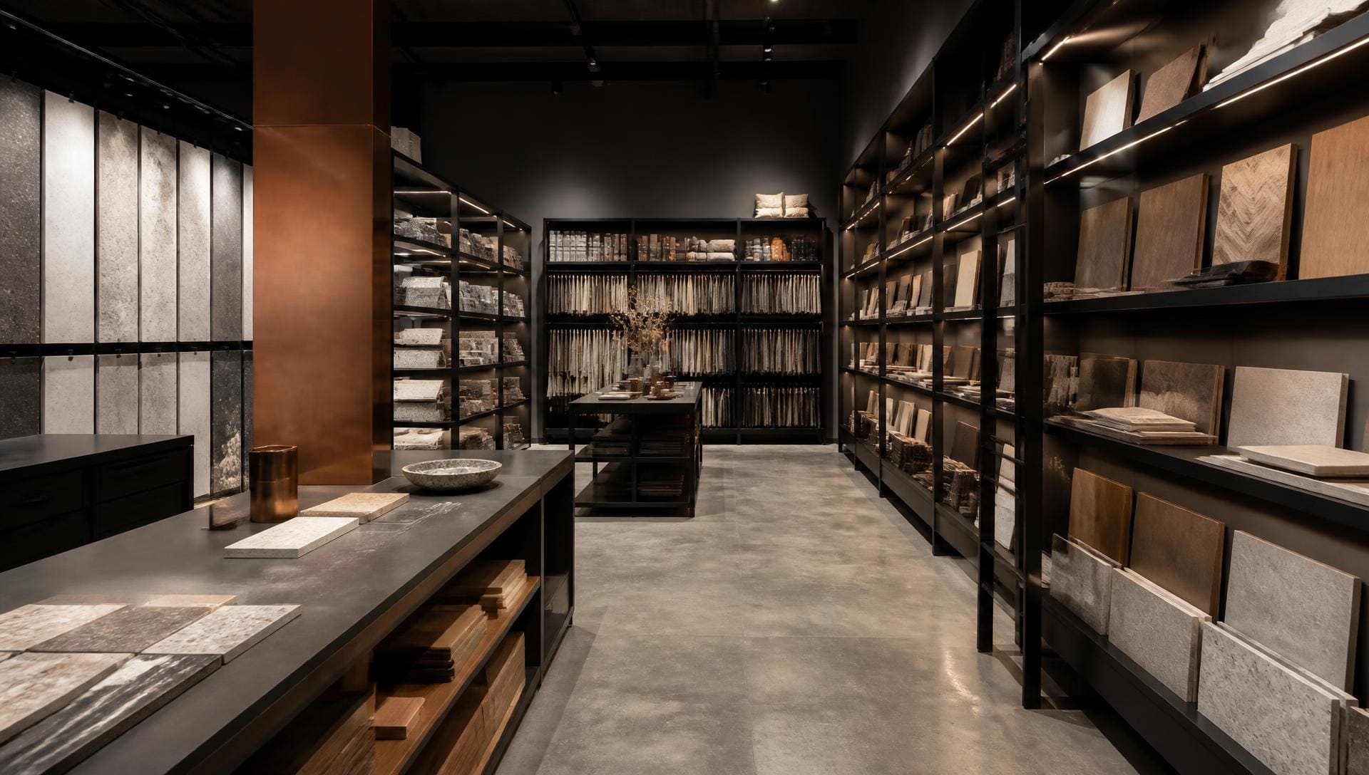 FORMA showroom with organized stone, timber, tile, and textile samples