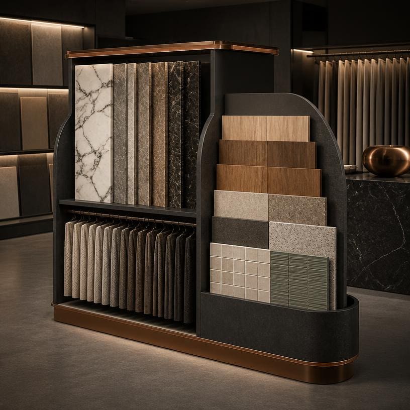Premium display of stone, timber, tile, and textile samples