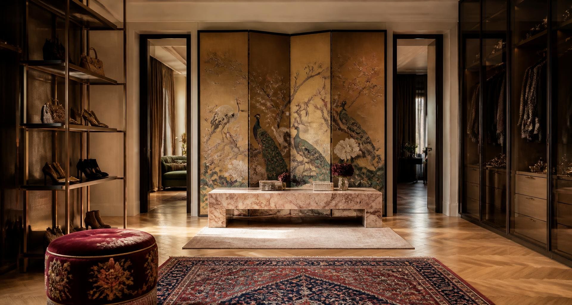 Refined contemporary interior with layered natural materials and sculptural furnishings